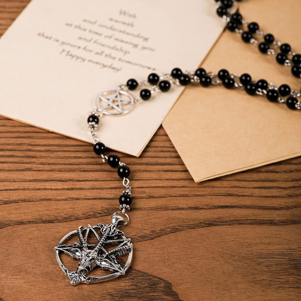 Gothic Baphomet Necklace Zinc Chain Long Bead Rosary Halloween Christmas Gift - Picture 6 of 8